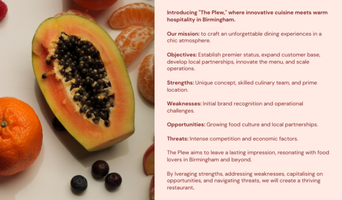Example of a business description&nbsp;in a business plan for a Birmingham restaurant called 'The Plew'