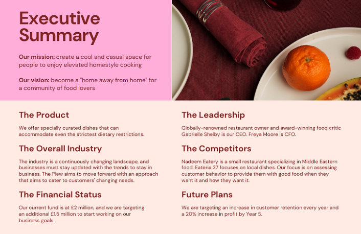 Example of an executive summary&nbsp;in a business plan for a Birmingham restaurant called 'The Plew'