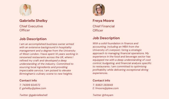 Example of a personal summary&nbsp;in a business plan for a Birmingham restaurant called 'The Plew'